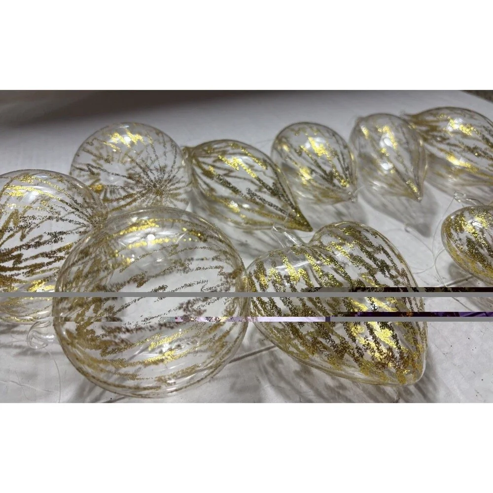 9 Clear Glass Christmas Ornaments Gold Glitter Hearts Balls Teardrops Vintage